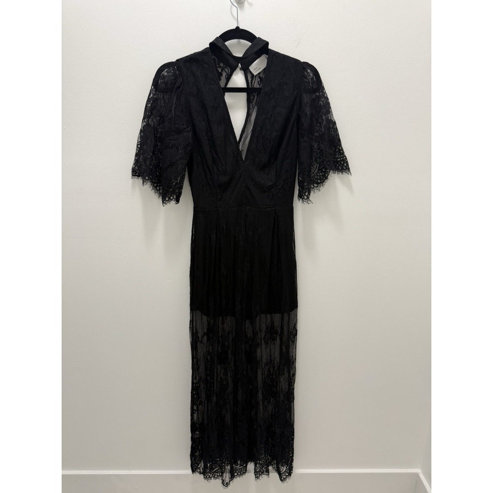 The Room Black Lace Maxi Dress M Gothic Victorian High Neck Flutter Sleeve